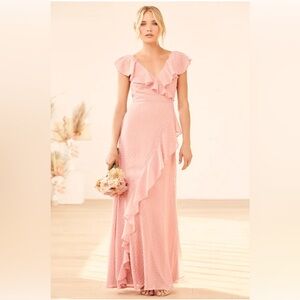 Lulu’s Fearless Love L Rose Swiss Dot Ruffled Faux Wrap Maxi Dress